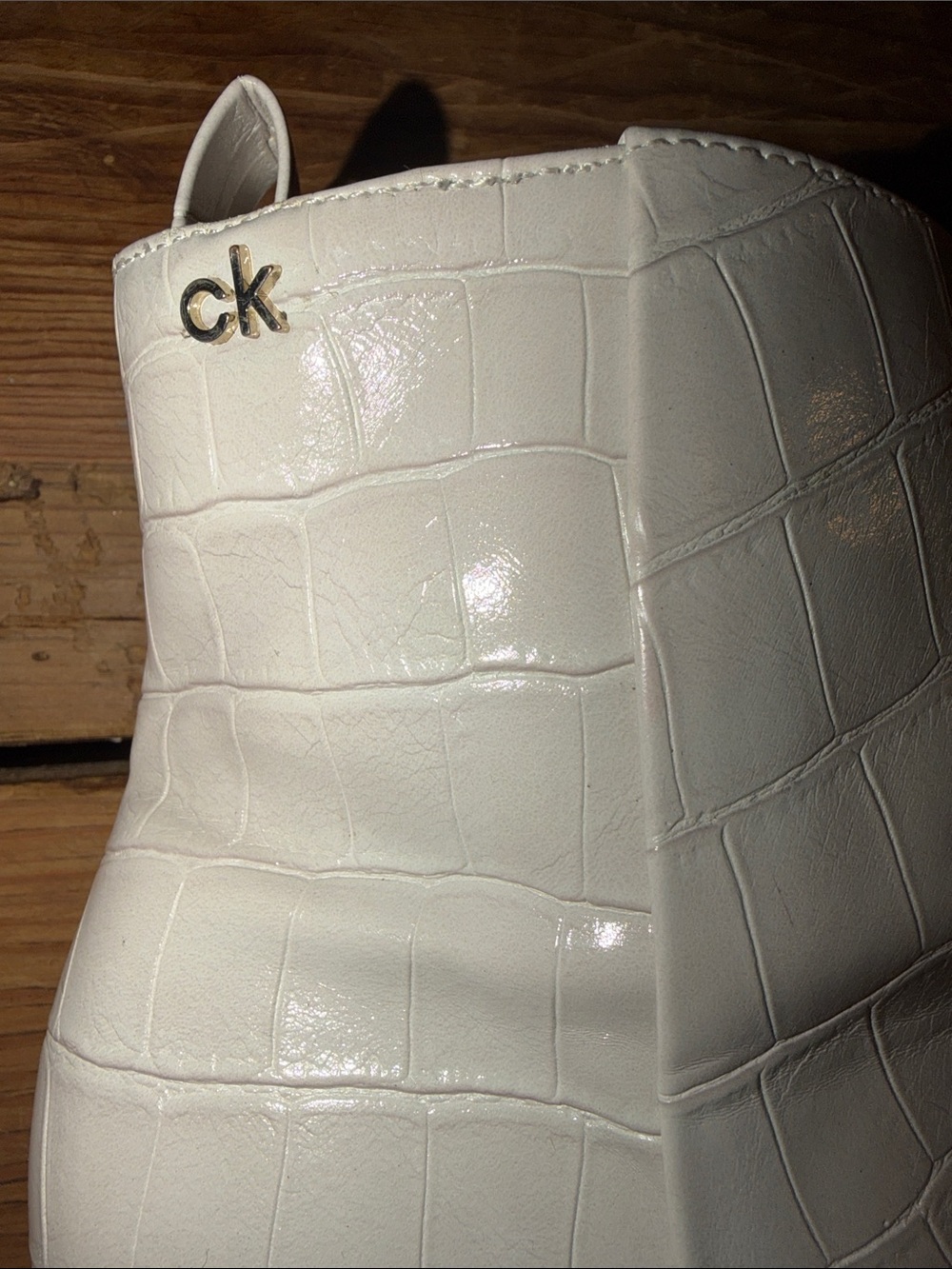 Women’s White Cream Croc-Embossed Block Heel Ankle Boots CALVIN KLEIN - Picture 7 of 9